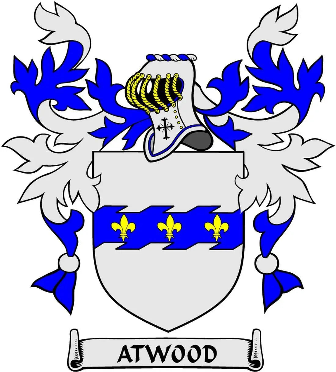 Atwood family crest arms magnet: blue fleur-de-lis, white shield, ATWOOD banner