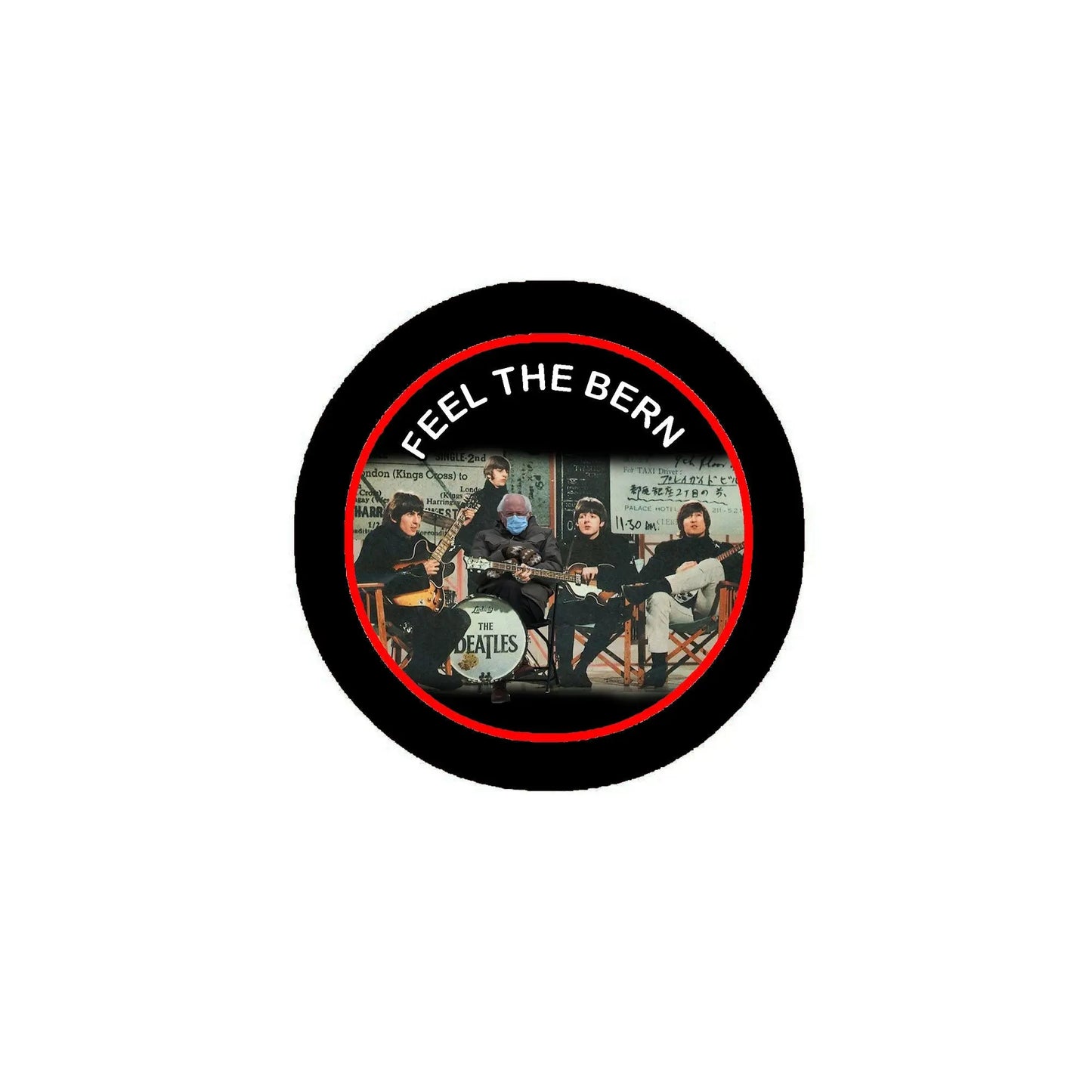 Feel the Bern movie pinback button, 2.25-inch, round black with red border