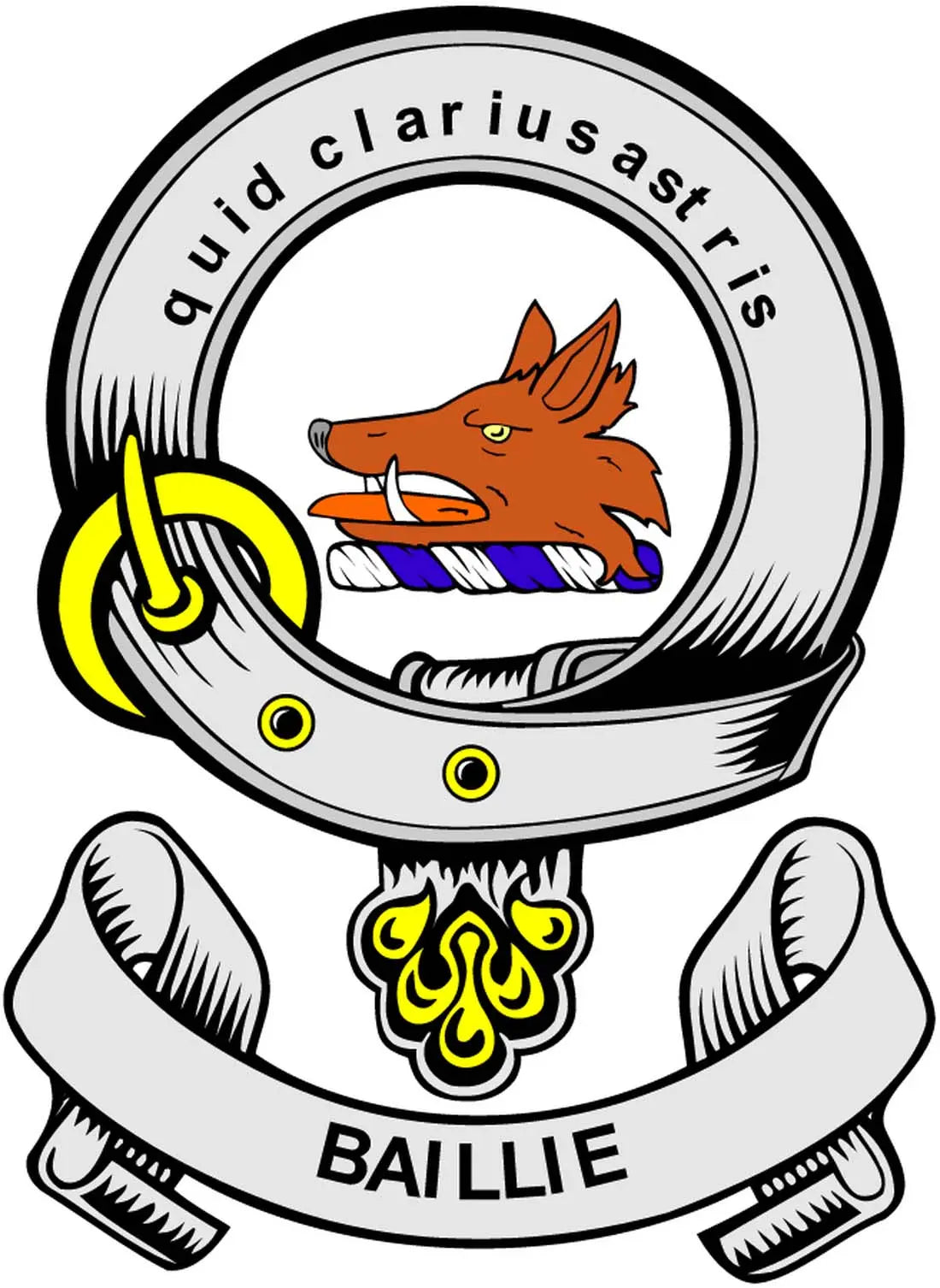 3-inch Baillie family crest arms magnet, circular badge with orange fox and BAILLIE text