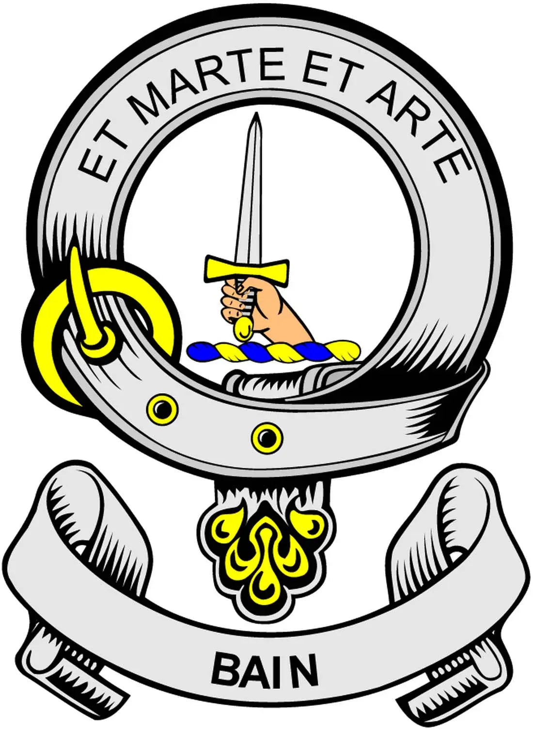 Bain coat arms crest magnet, round design with sword figure, yellow blue accents