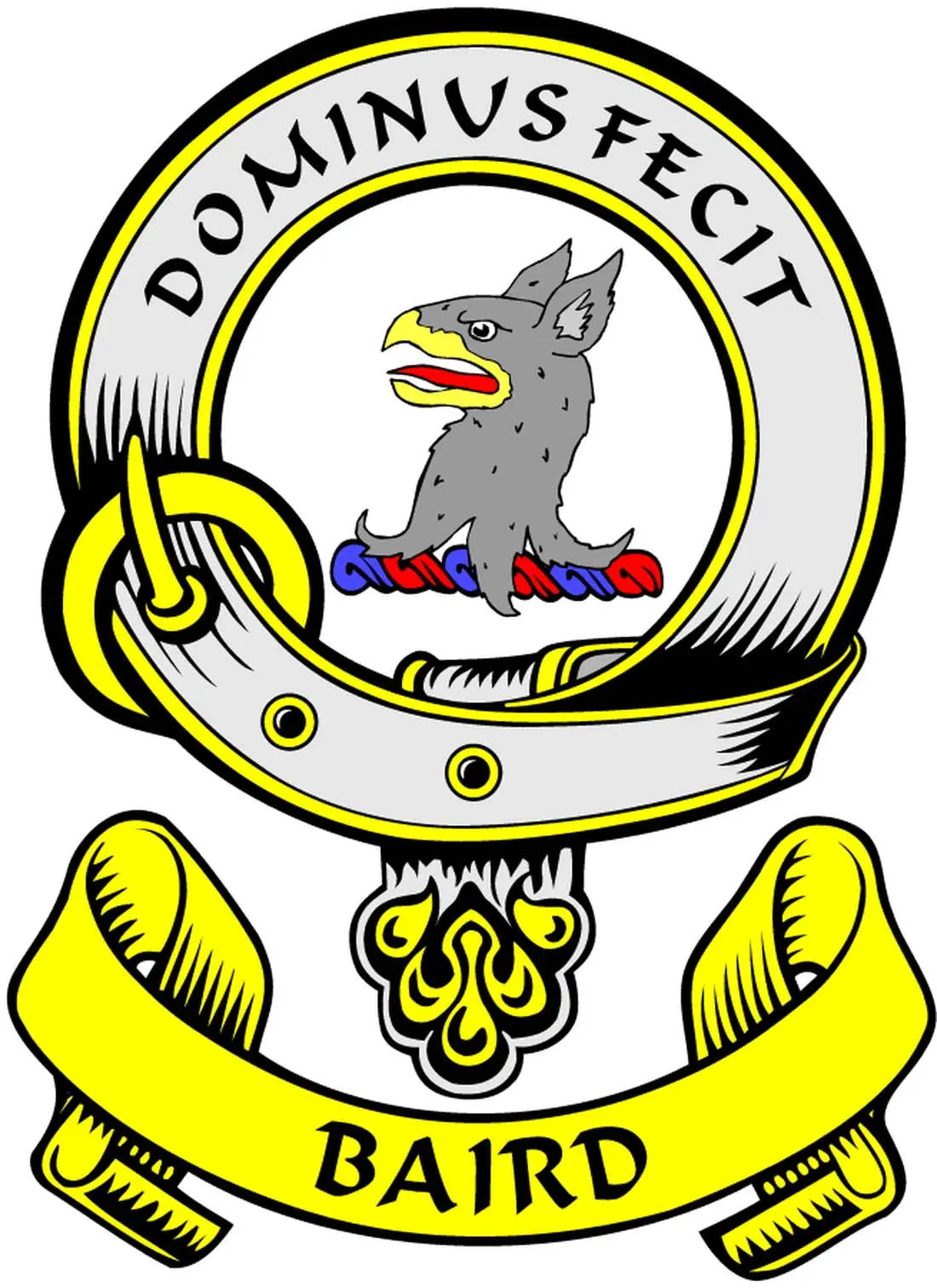 Baird family crest coat of arms magnet, circular wolf crest with banner, 3-inch