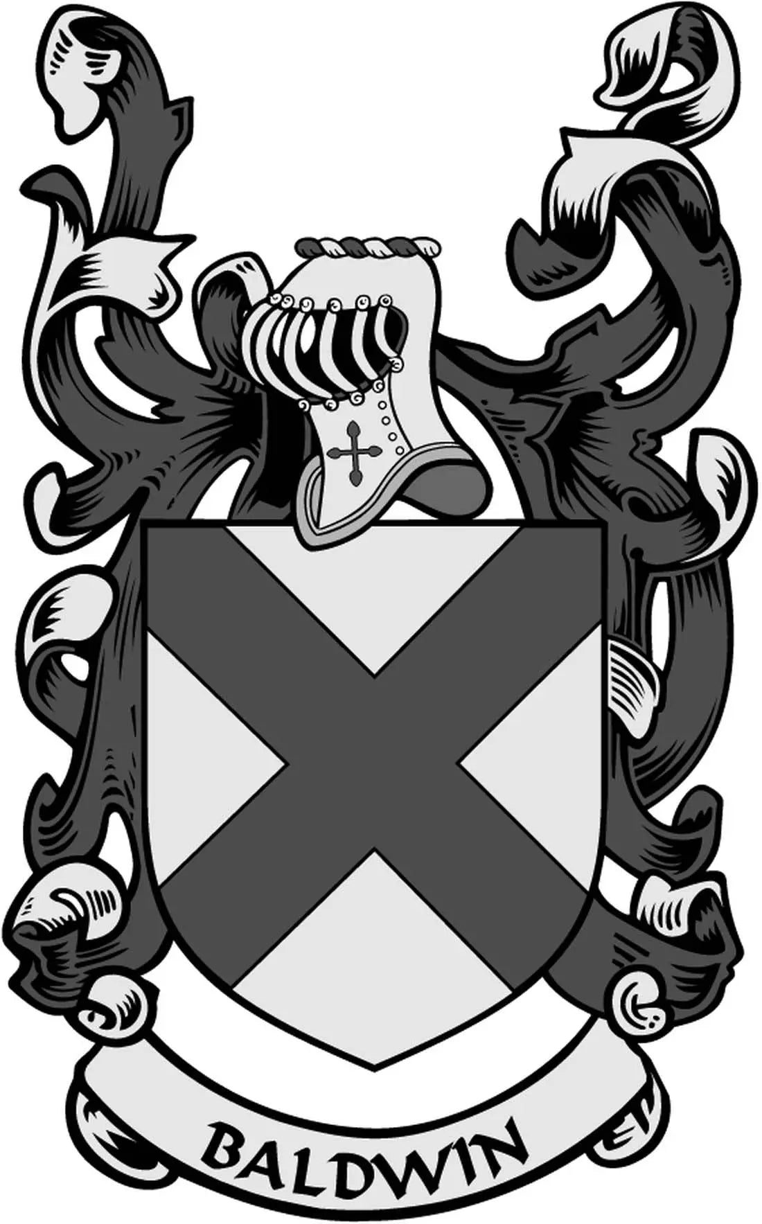 Baldwin family crest coat of arms arms magnet with shield and ribbon, black and gray