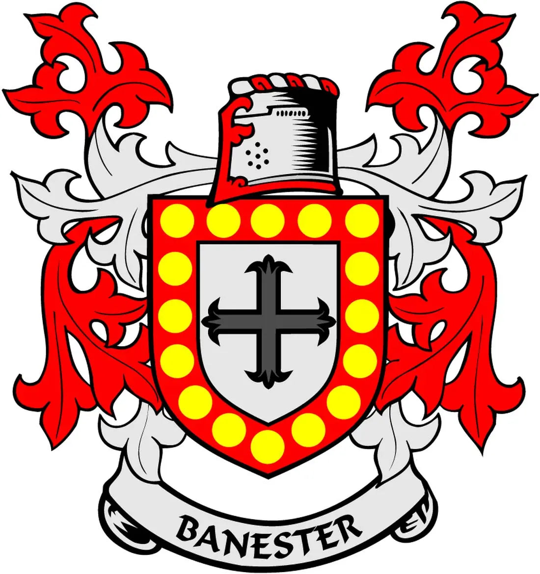 Banester family crest coat arms magnet, 3-inch; red shield, yellow dots, black cross, banner