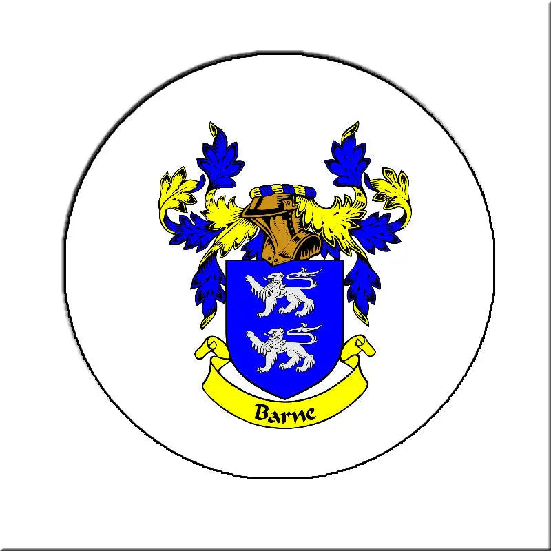 3-inch circular coat of arms magnet with blue/yellow shield and Barne banner