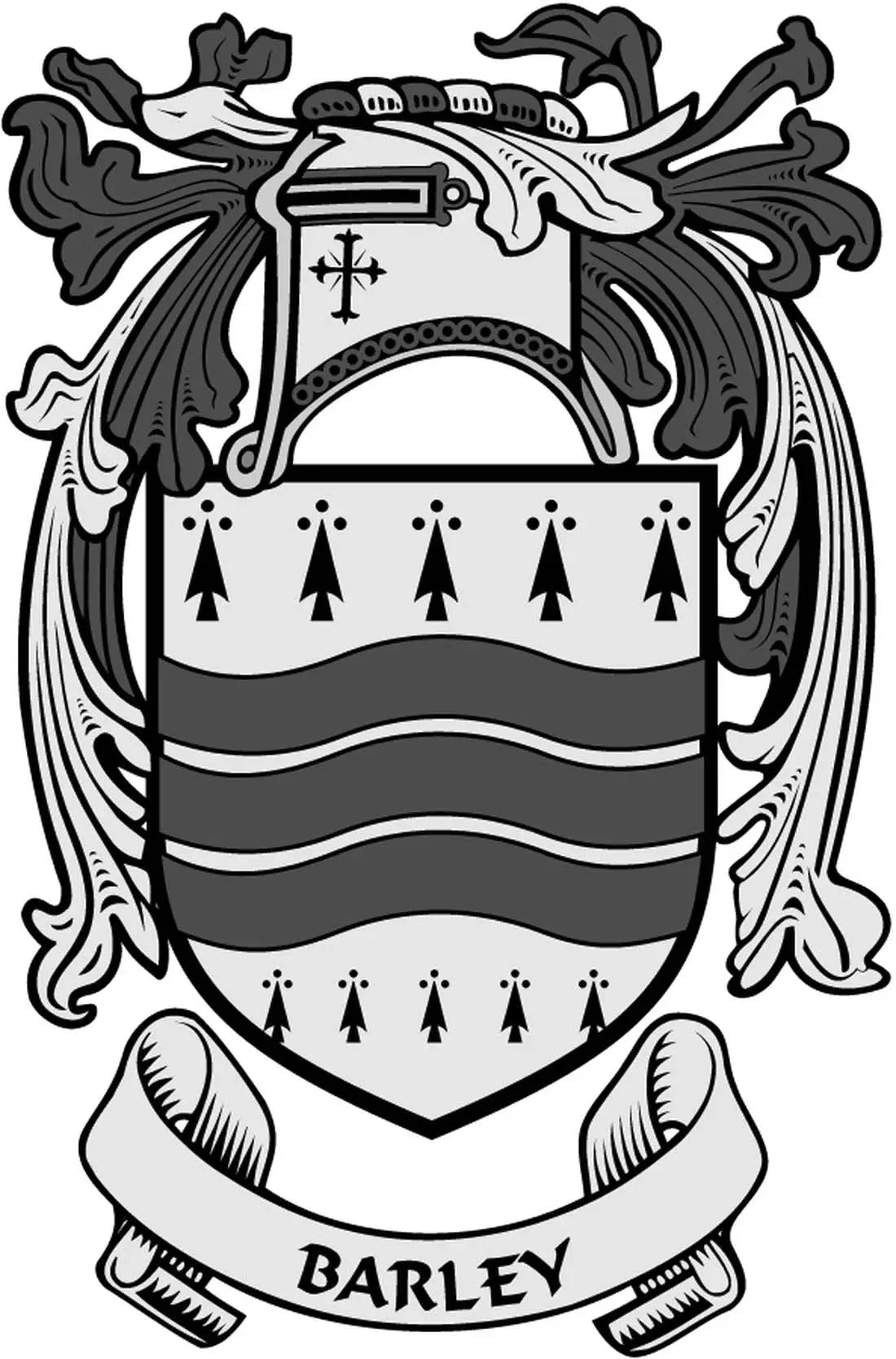 3-inch Barley family crest arms magnet, black-and-white shield with BARLEY ribbon