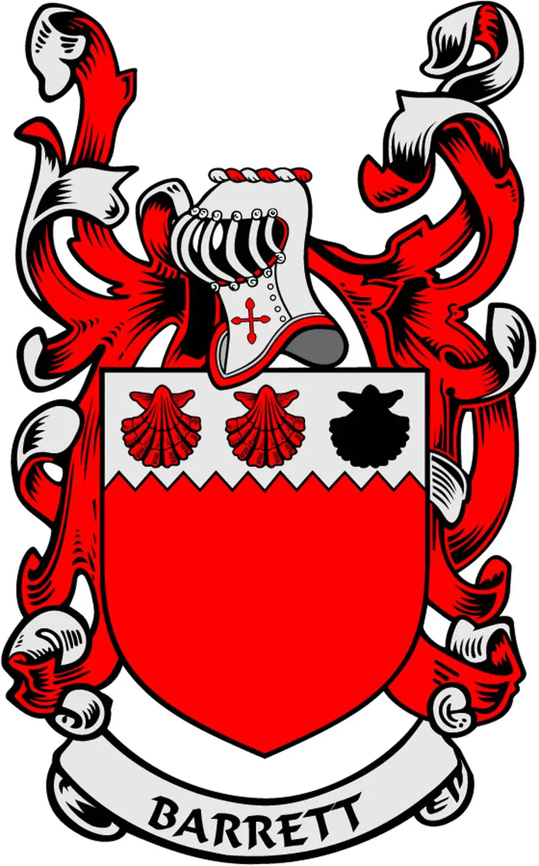 3-inch Barrett family crest coat of arms magnet, red shield with white ribbon base