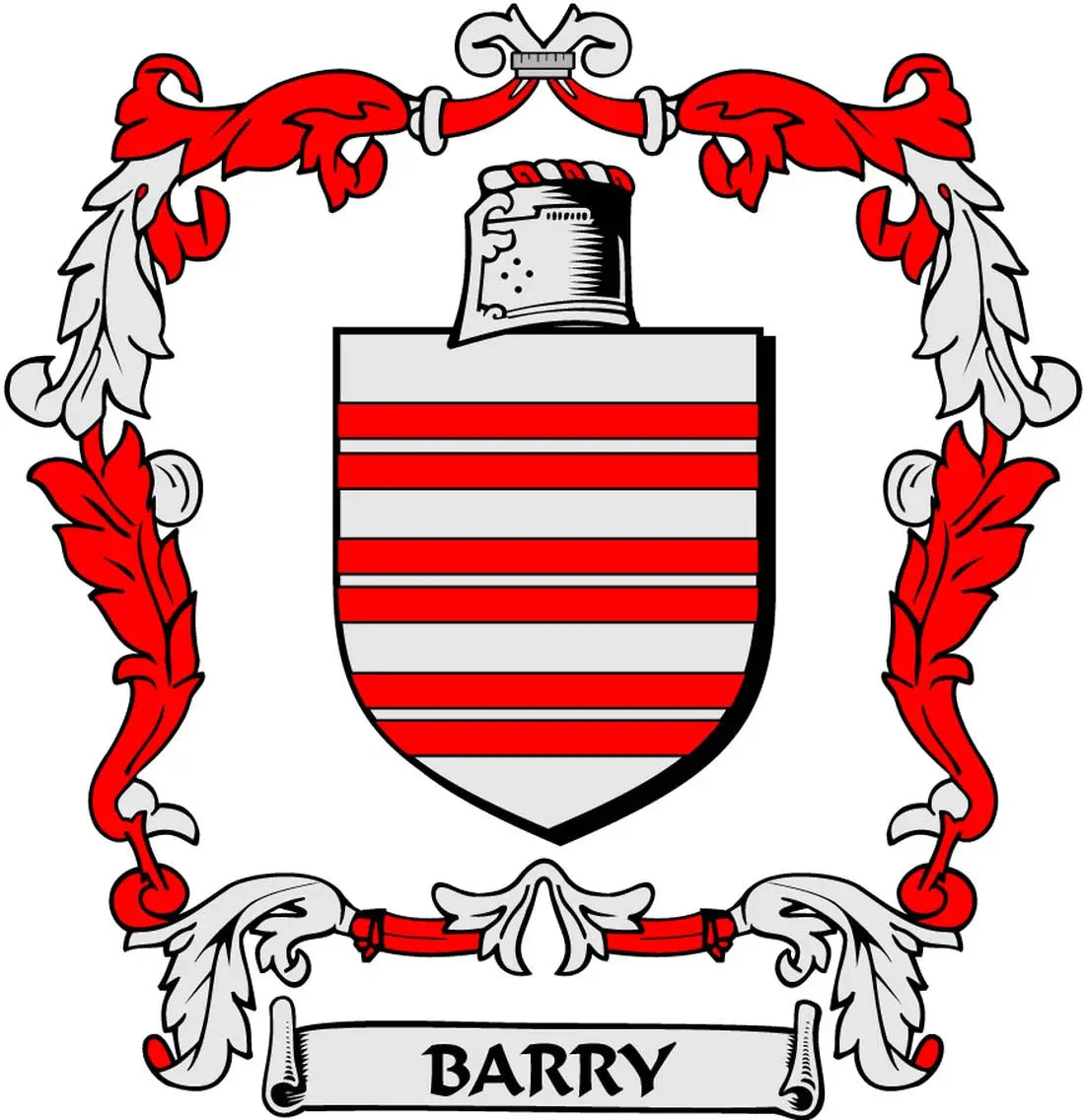 Family crest coat of arms magnet with red and white striped shield and BARRY banner