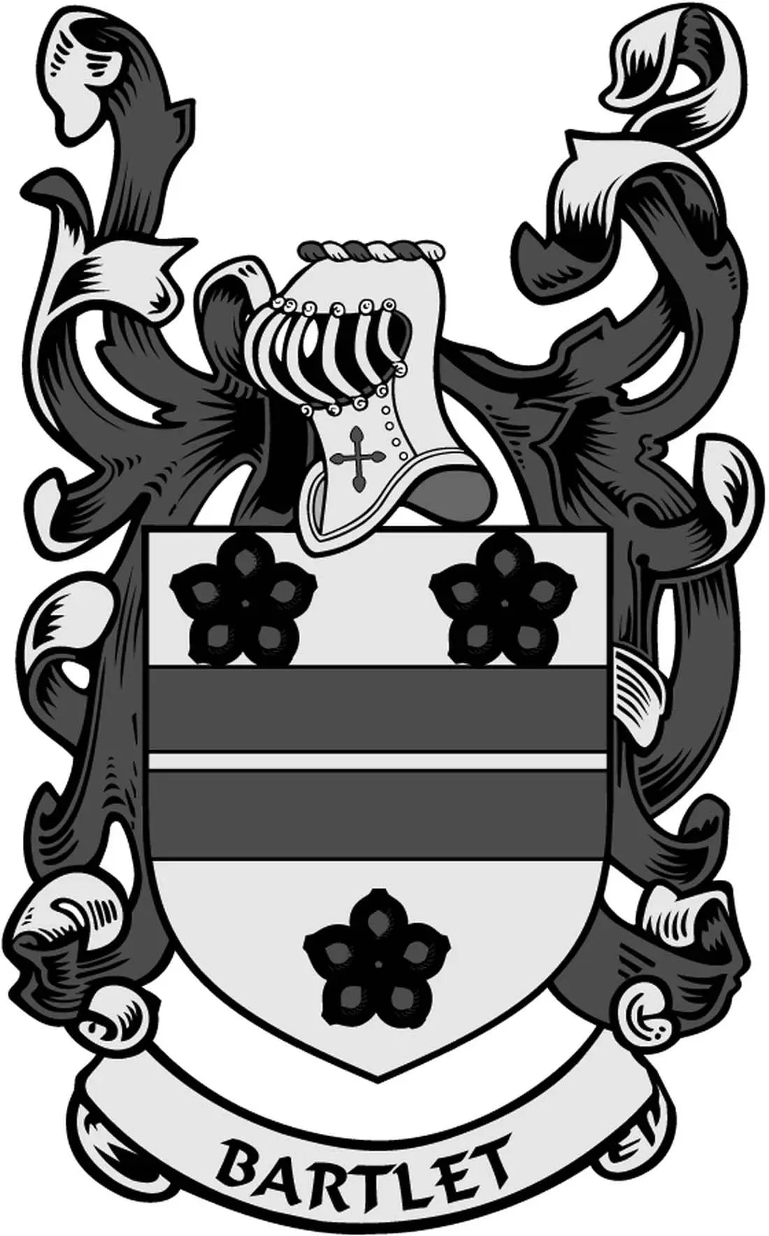 Bartlet family crest coat arms magnet with shield, scrollwork, and BARTLET banner