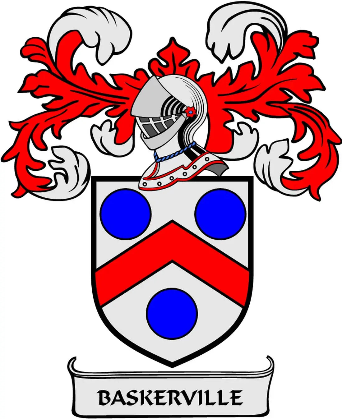 3-inch Baskerville family crest coat of arms magnet with shield, helmet, and red flames