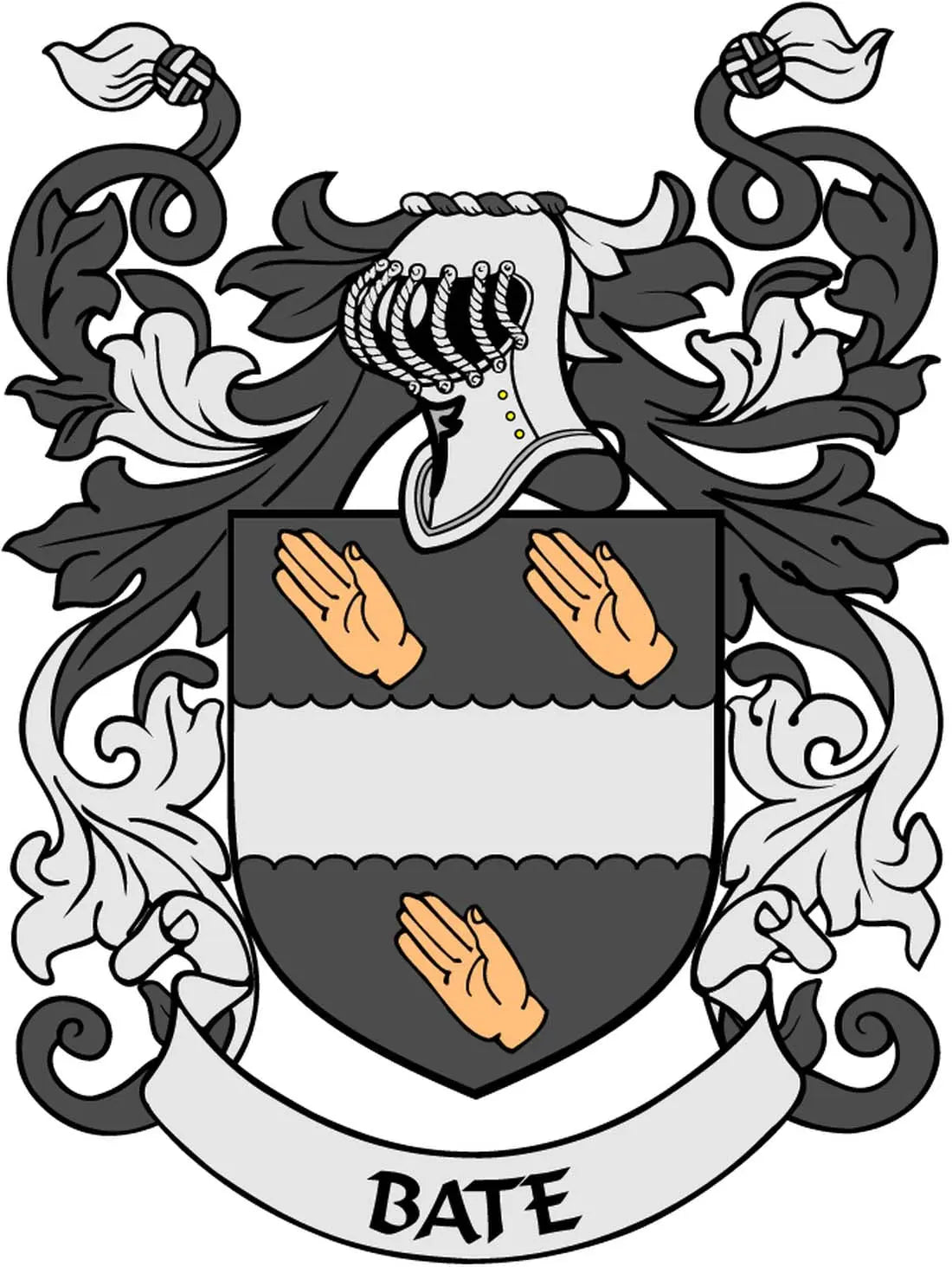 Coat of arms magnet featuring a heraldic shield with hands and “BATE” crest