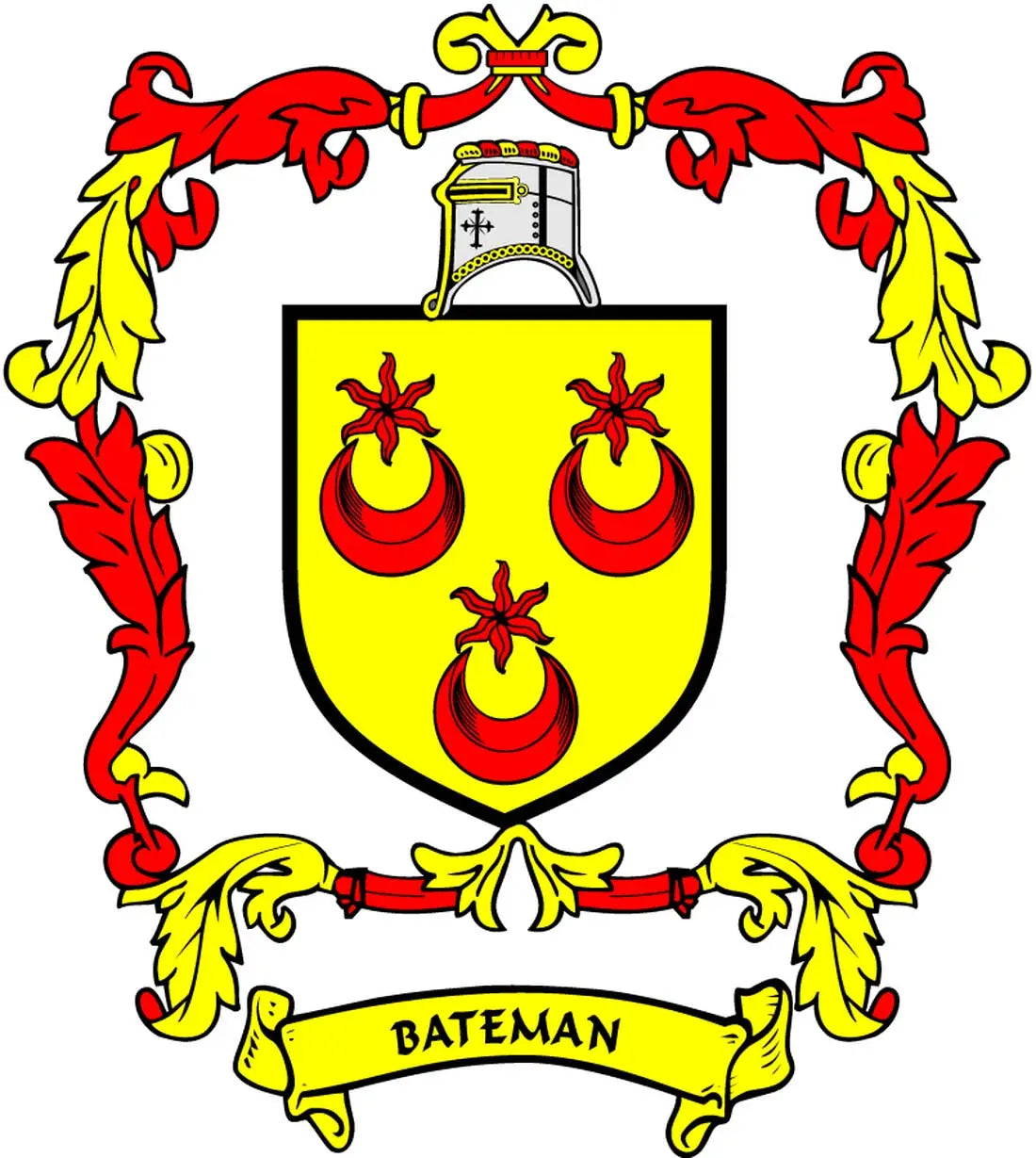 Bateman family crest arms magnet with yellow shield, red icons, and 'BATEMAN' banner