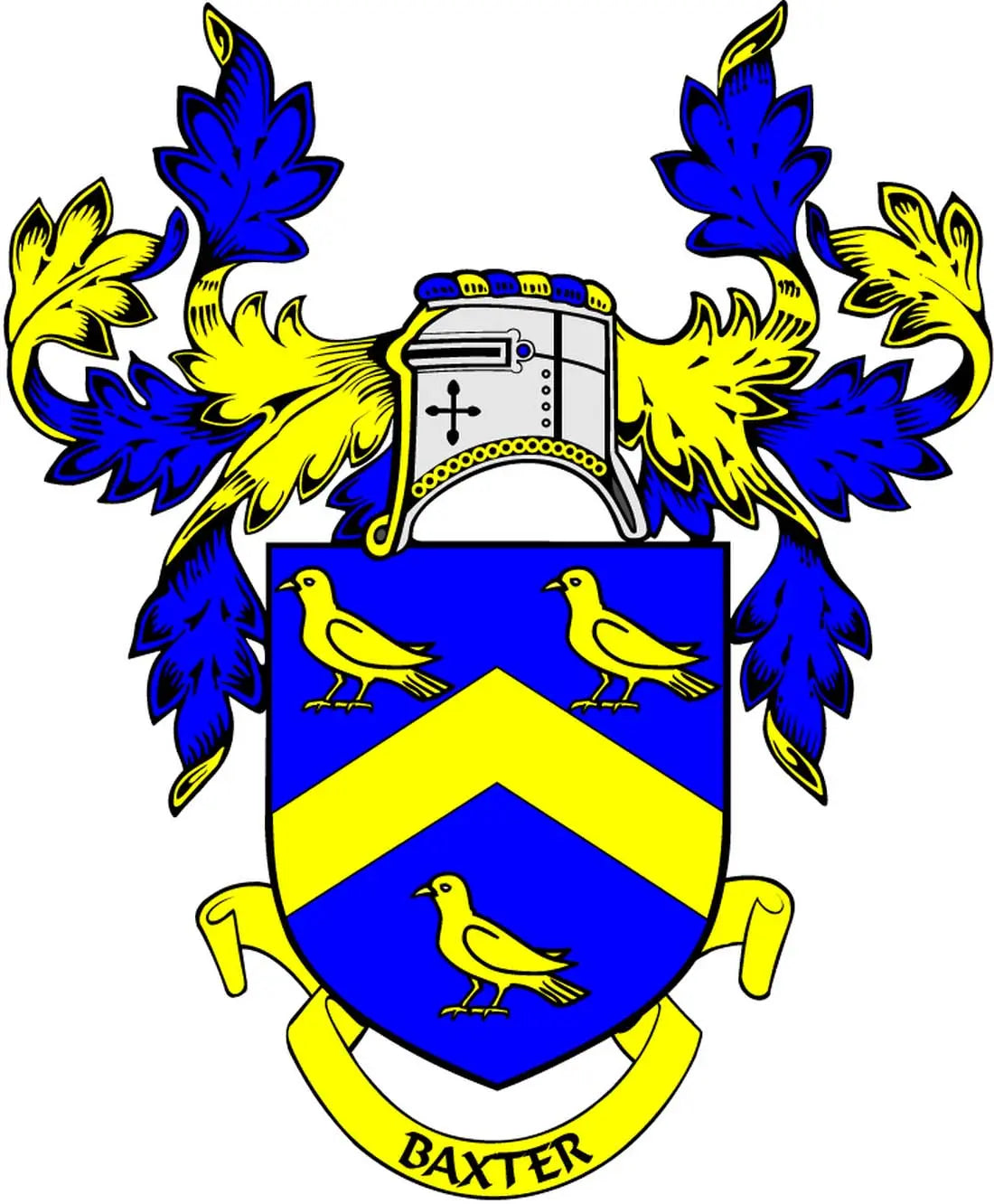 Family crest coat arms magnet with blue-yellow shield, birds, and Baxter banner