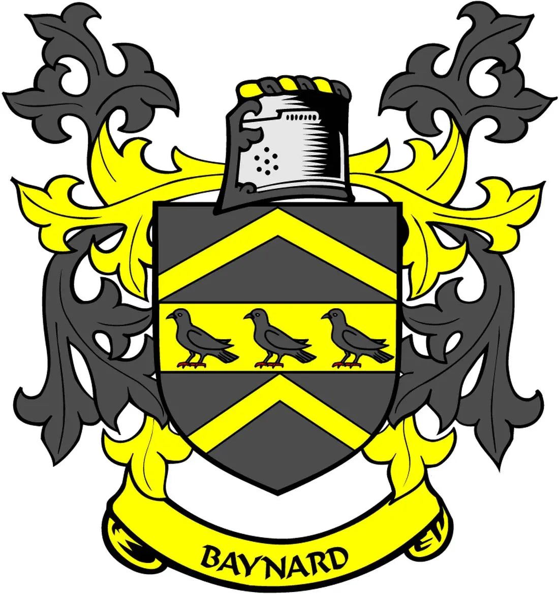 Baynard family crest coat of arms magnet with shield, yellow trim, and three birds