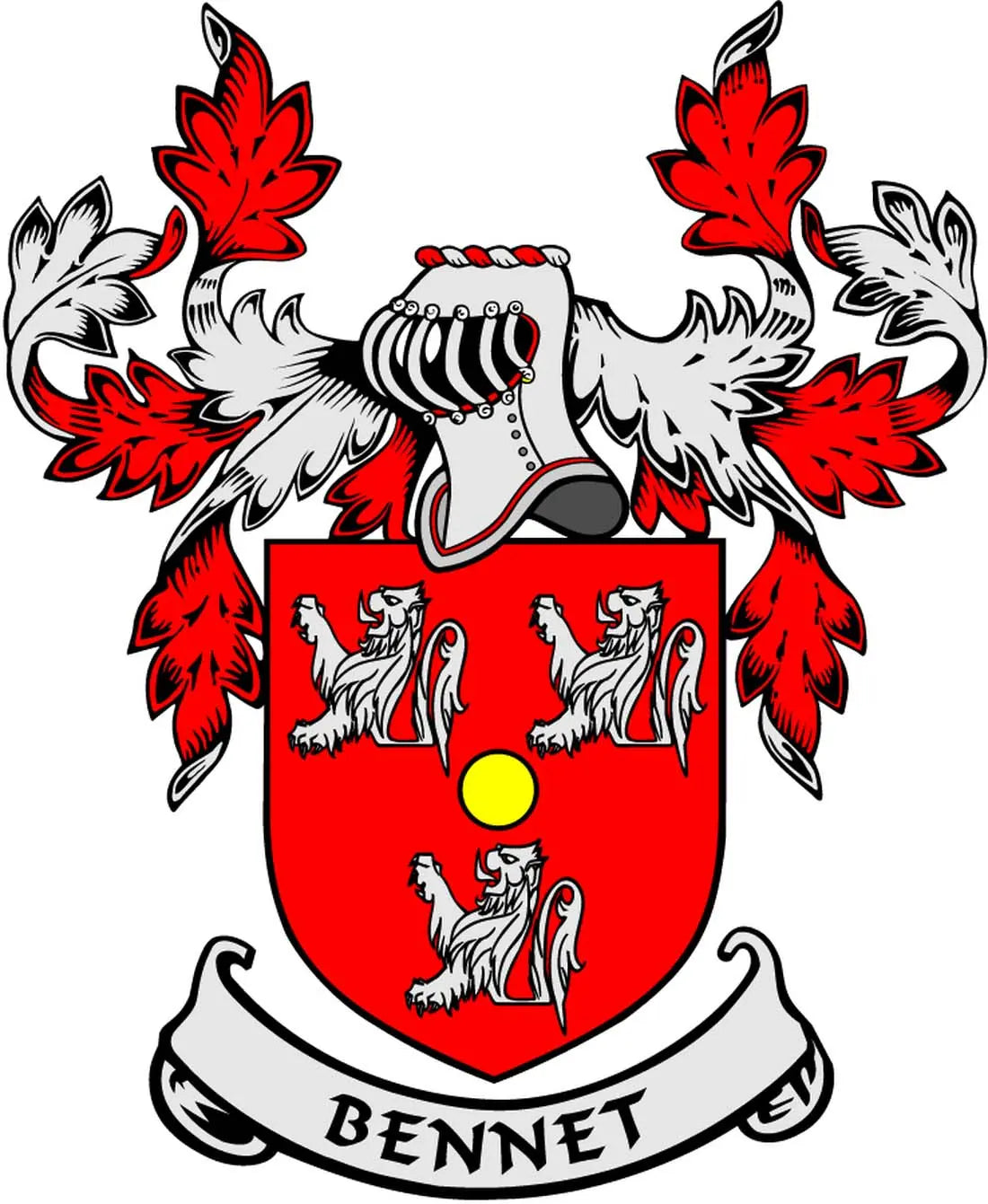 Bennet family crest coat arms magnet with red shield, lions, and BENNET banner