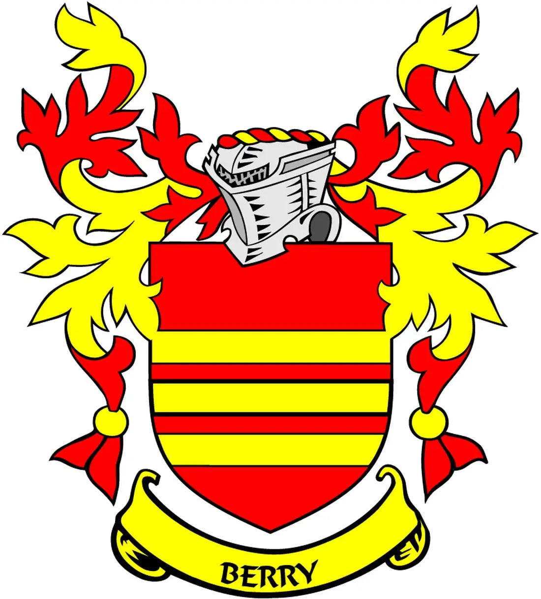 Berry family crest coat arms magnet with red shield, gold stripes, flames, and BERRY banner