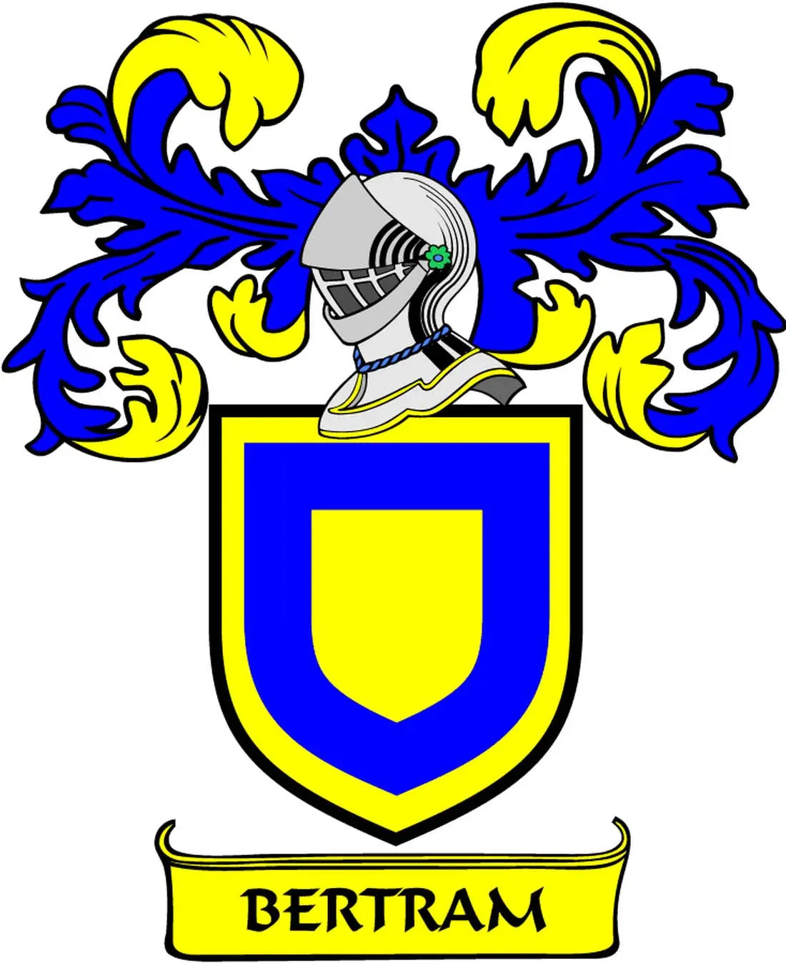 Family crest coat of arms magnet with shield, helmet, and BERTRAM name