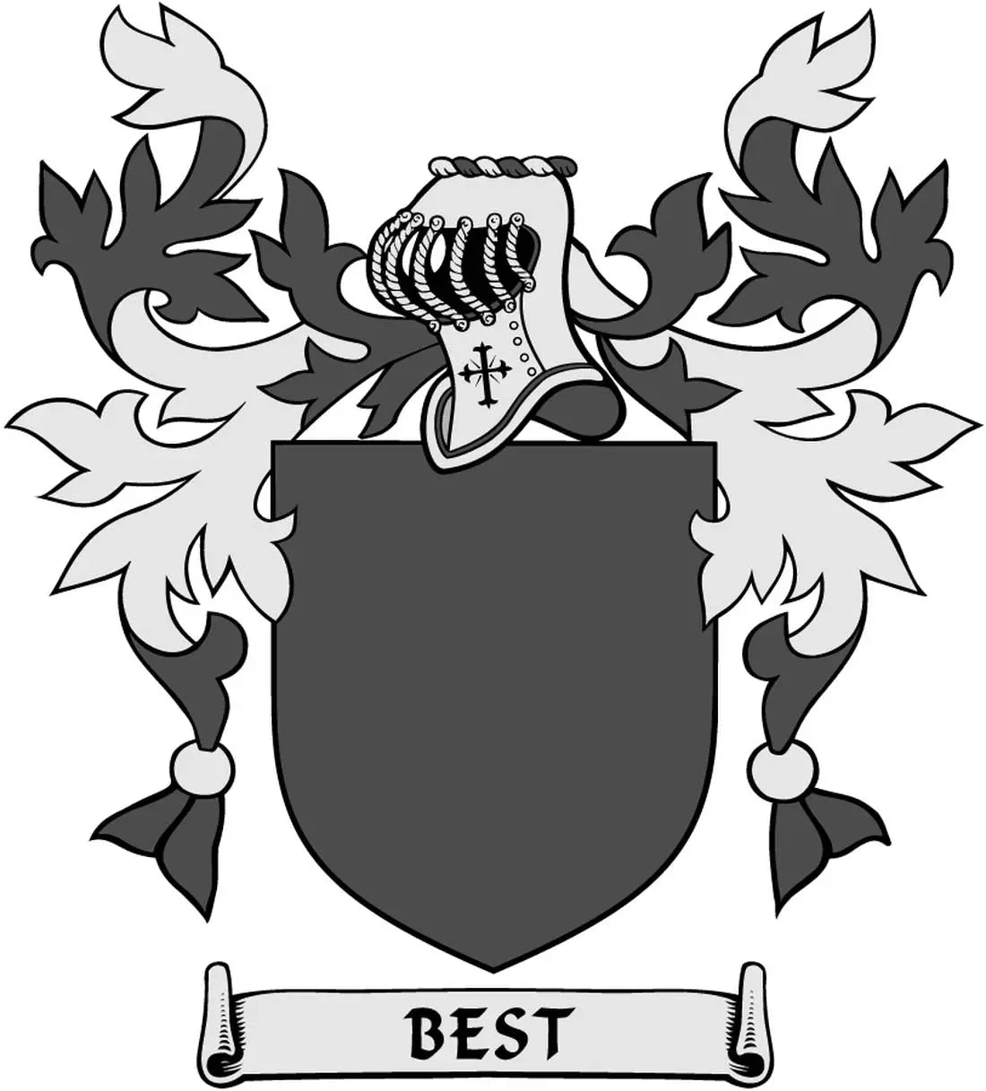 Family coat of arms magnet: dark shield crest with ornate leaf wreath and banner