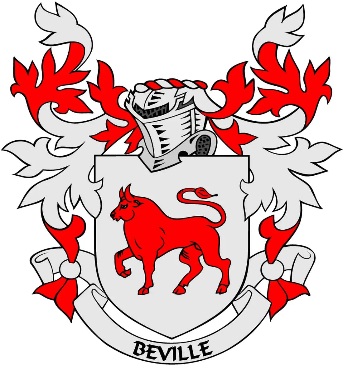 3-inch family crest coat arms magnet with red lion, shield, flames, and "BEVILLE"