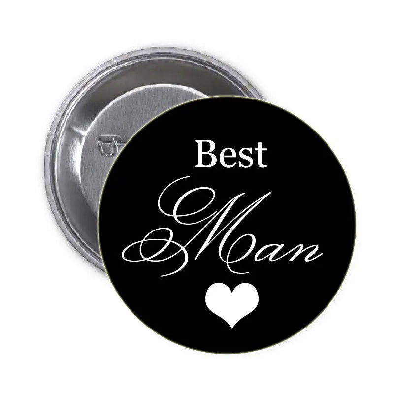 Best man pinback button, 1.25-inch, black with white script 'Best Man' and heart.