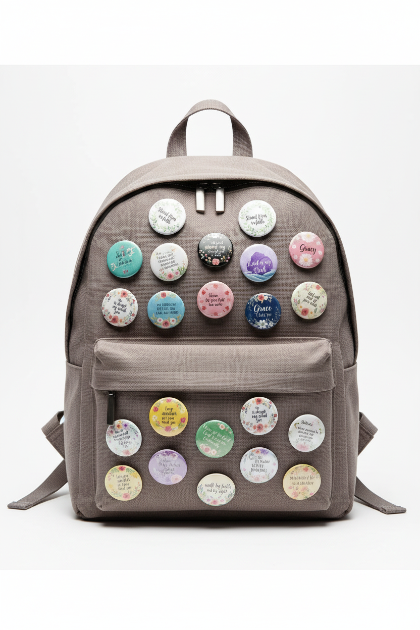 A grid of 24 circular pinback button designs featuring Bible verses and floral watercolor backgrounds, with text indicating 1.25" pinback buttons.