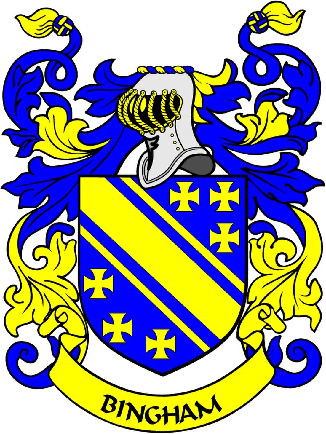 3-inch Bingham family crest coat of arms magnet, blue and yellow shield with cross marks