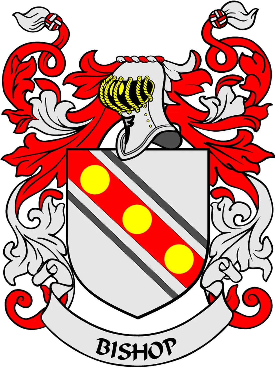 Bishop family crest coat-of-arms magnet: red and gray shield with gold dots and ribbon