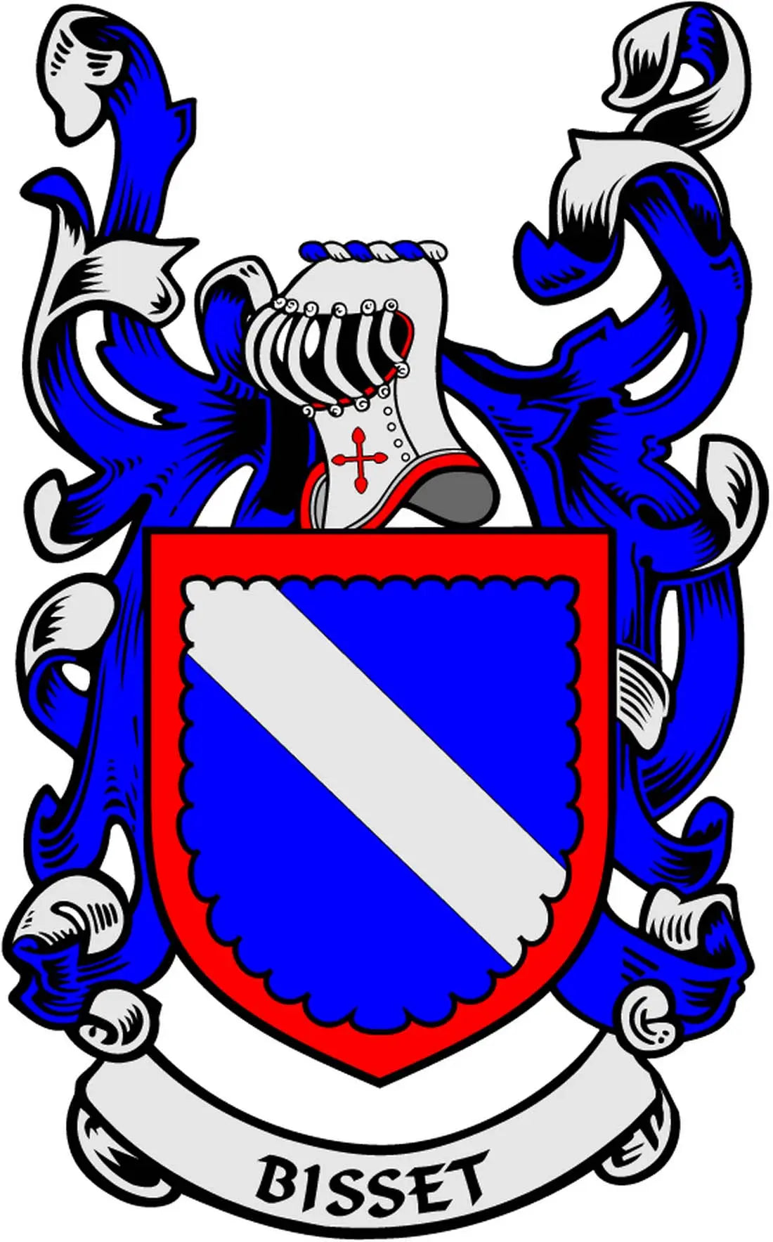 Bisset family crest arms coat of arms magnet with blue and white shield, supporters