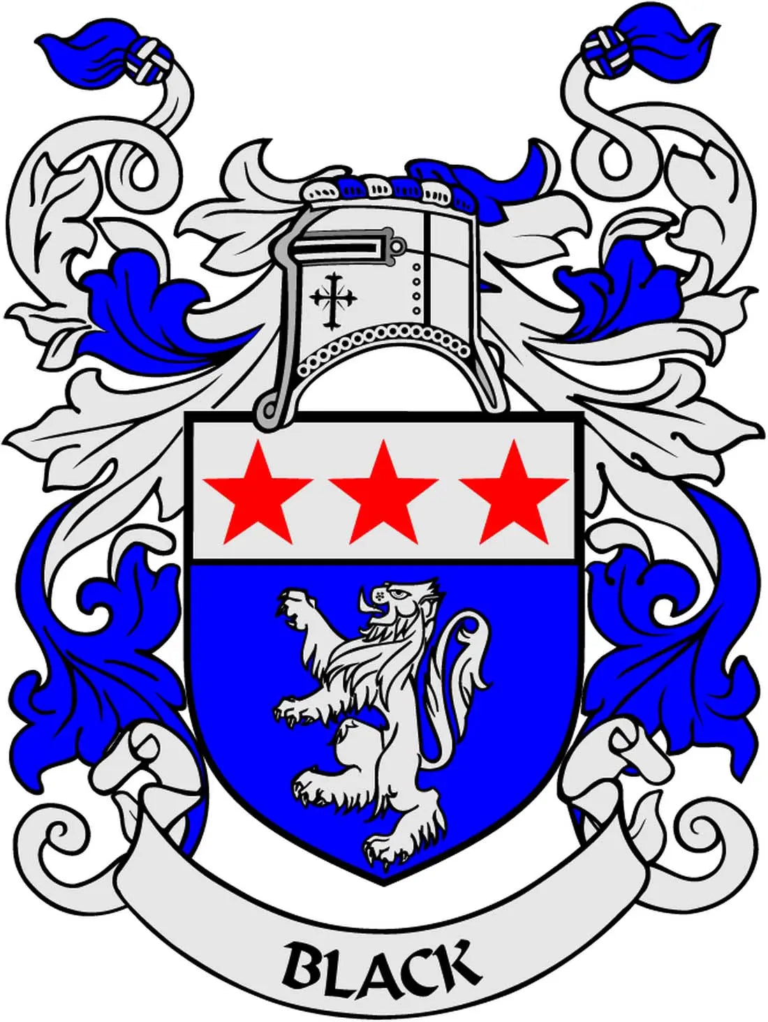 Family crest coat of arms magnet with blue shield, red stars, lion, banner 'BLACK'