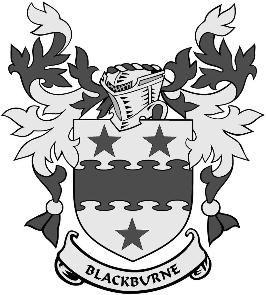 Family crest coat arms magnet with shield, stars, wings, and 'BLACKBURNE' banner