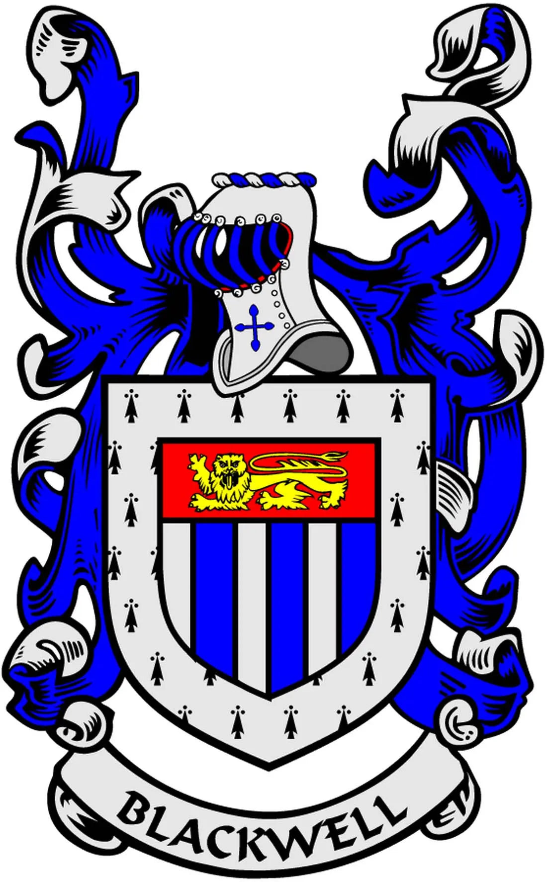 Blackwell family crest coat arms refrigerator magnet, 3-inch shield with blue lion supporters