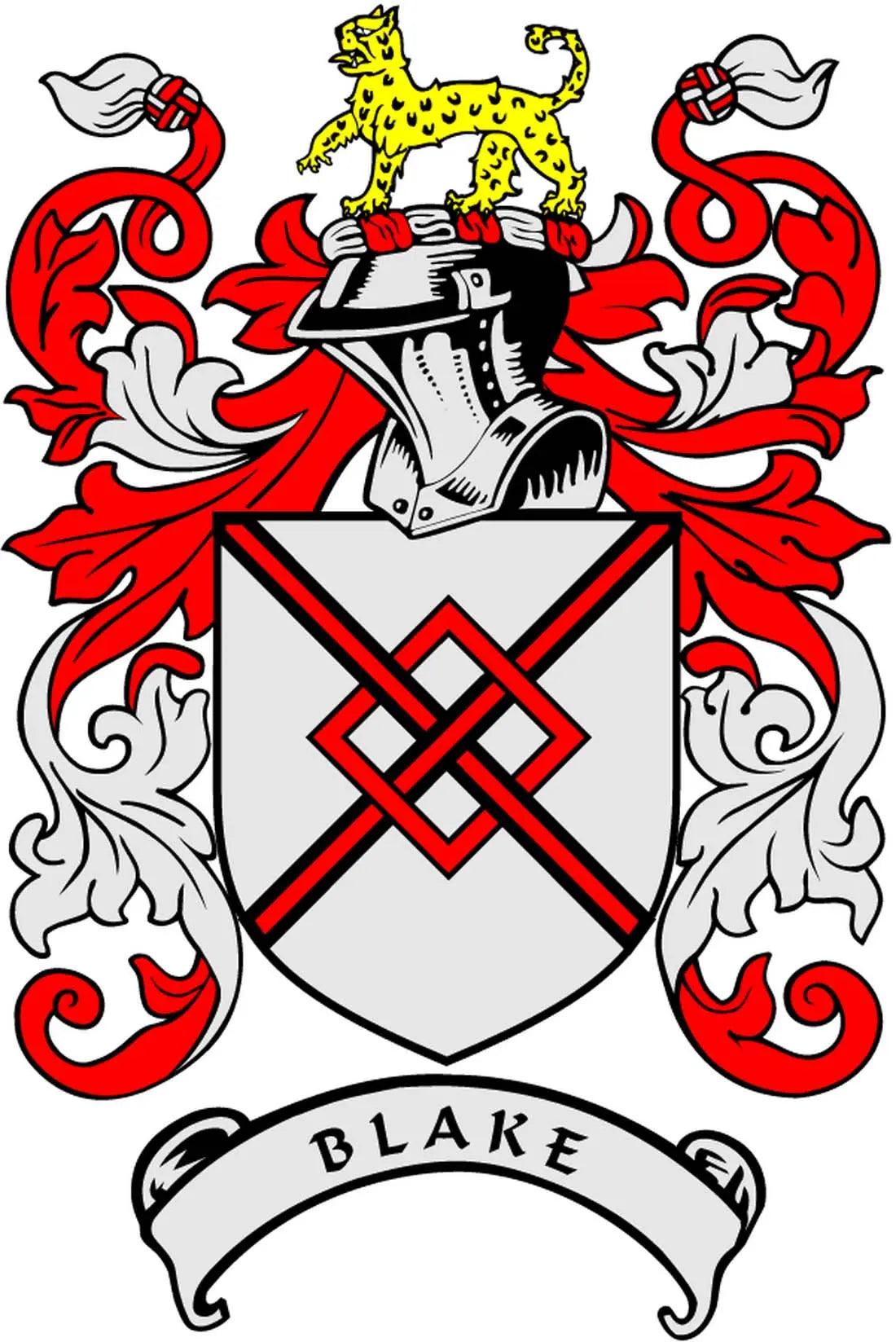 Family crest coat of arms magnet with red-and-white shield and Blake ribbon