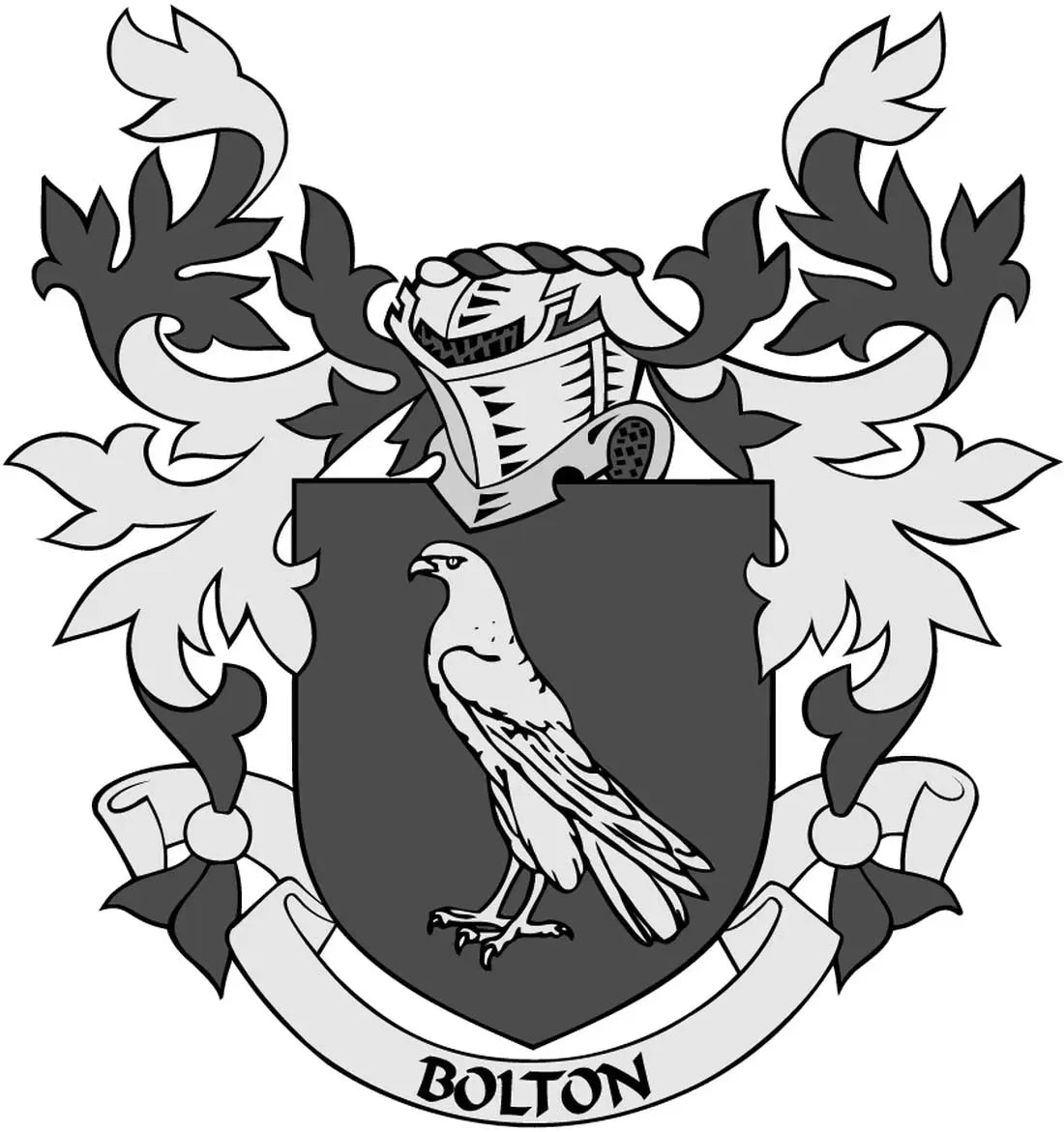 Family crest coat of arms magnet, 3-inch, black and white with Bolton banner