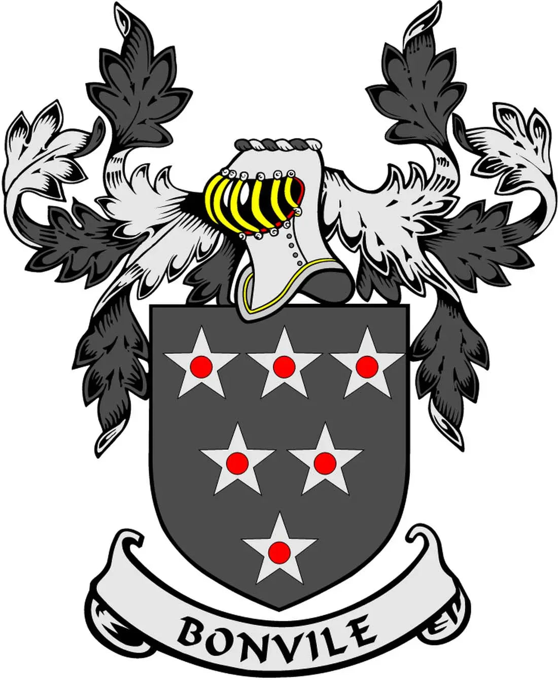 3-inch Bonvile family crest arms magnet, shield with stars, leaf crest, ribbon