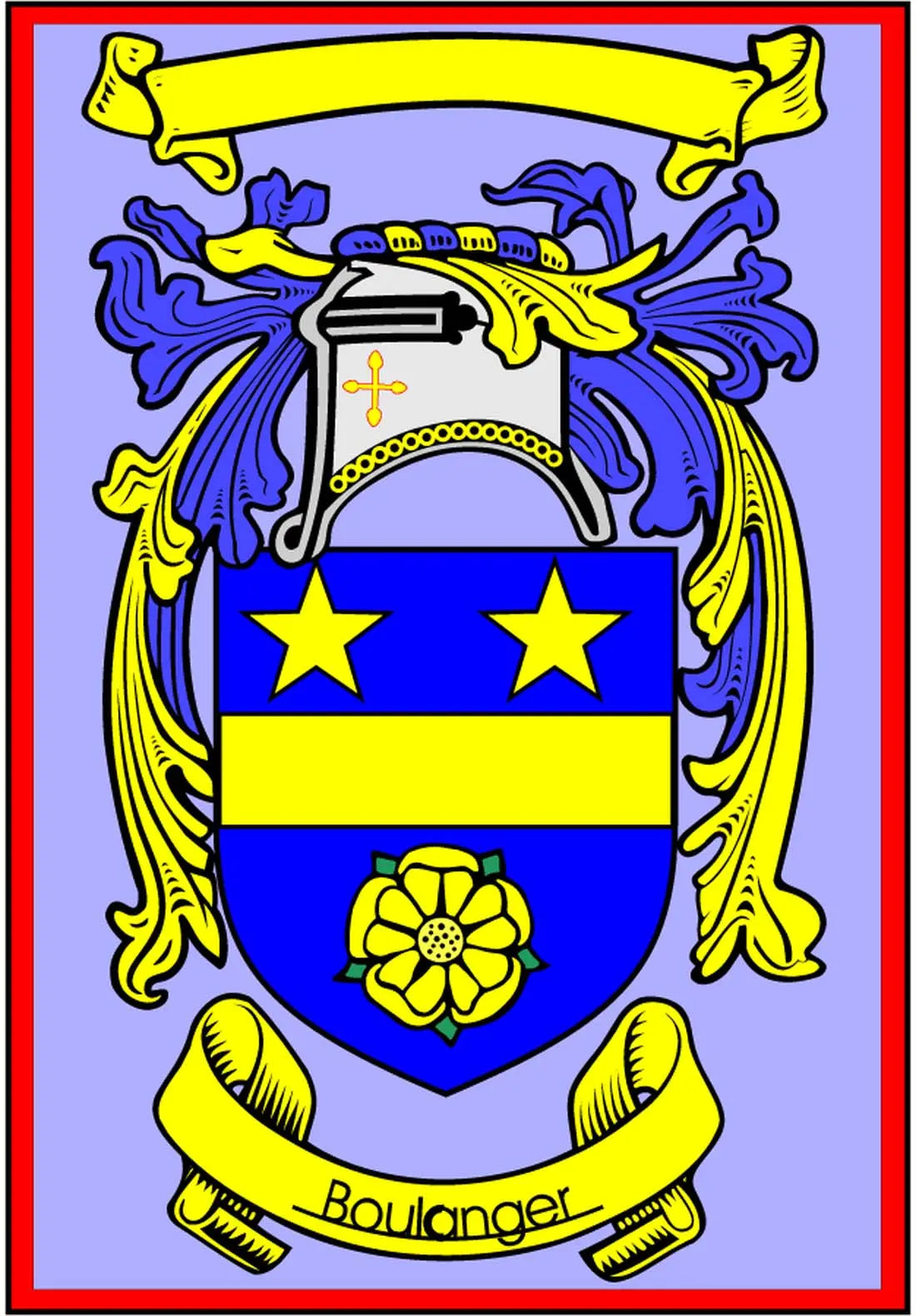 Boulanger family crest arms magnet with blue shield, gold stars, and flower icon