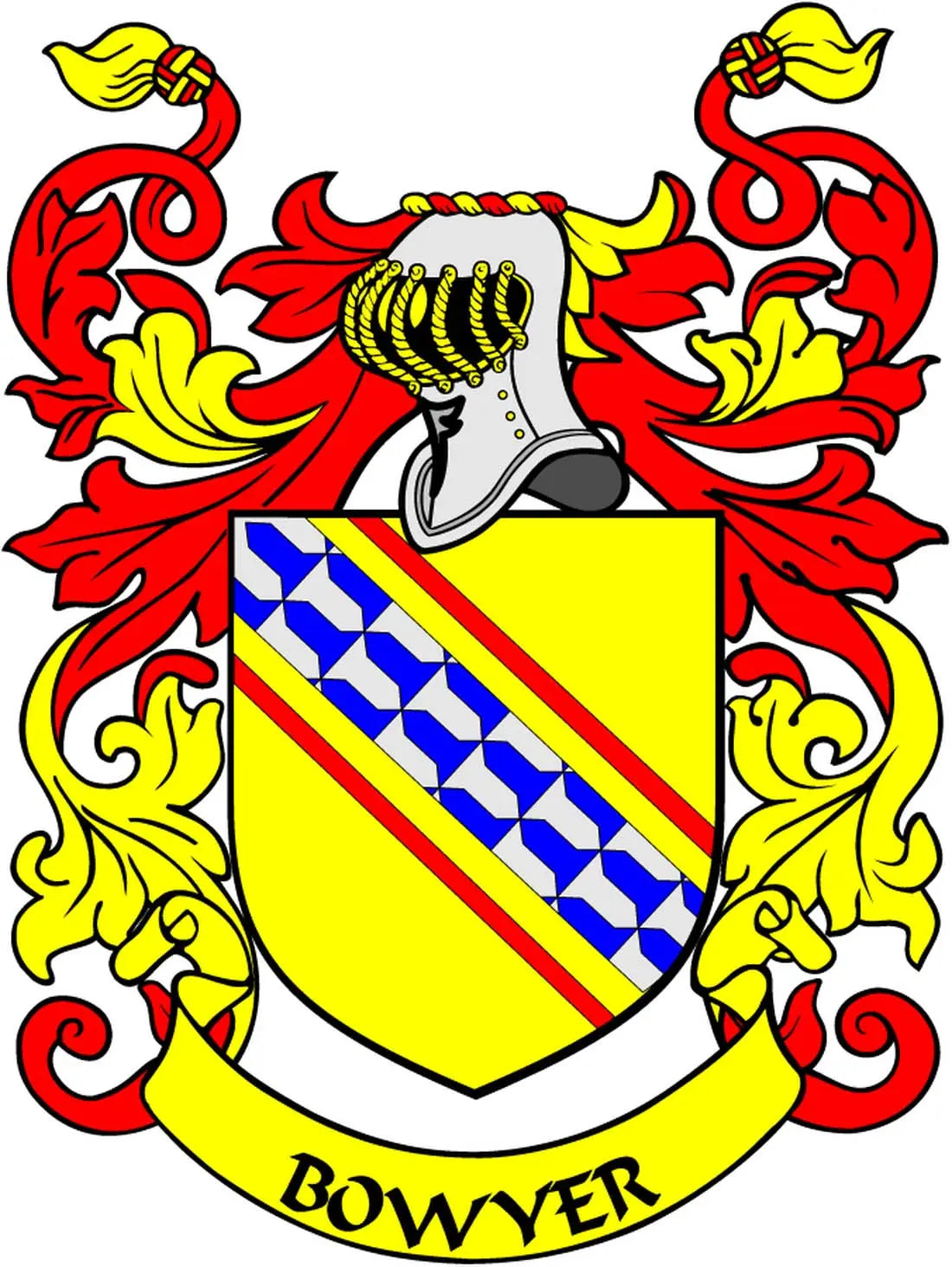 Bowyer coat of arms crest magnet with shield, red yellow detailing, and Bowyer text at base
