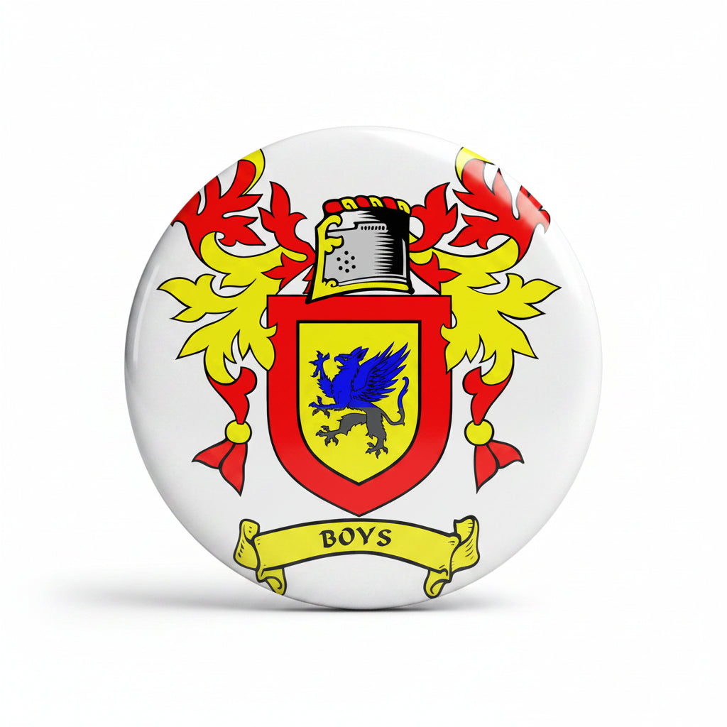 Round white family crest magnet with coat of arms and red yellow banner text "BOYS"