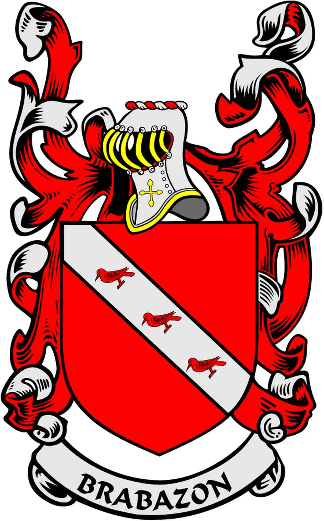 Red and white coat of arms magnet with helmet, banner, and BRABAZON lettering