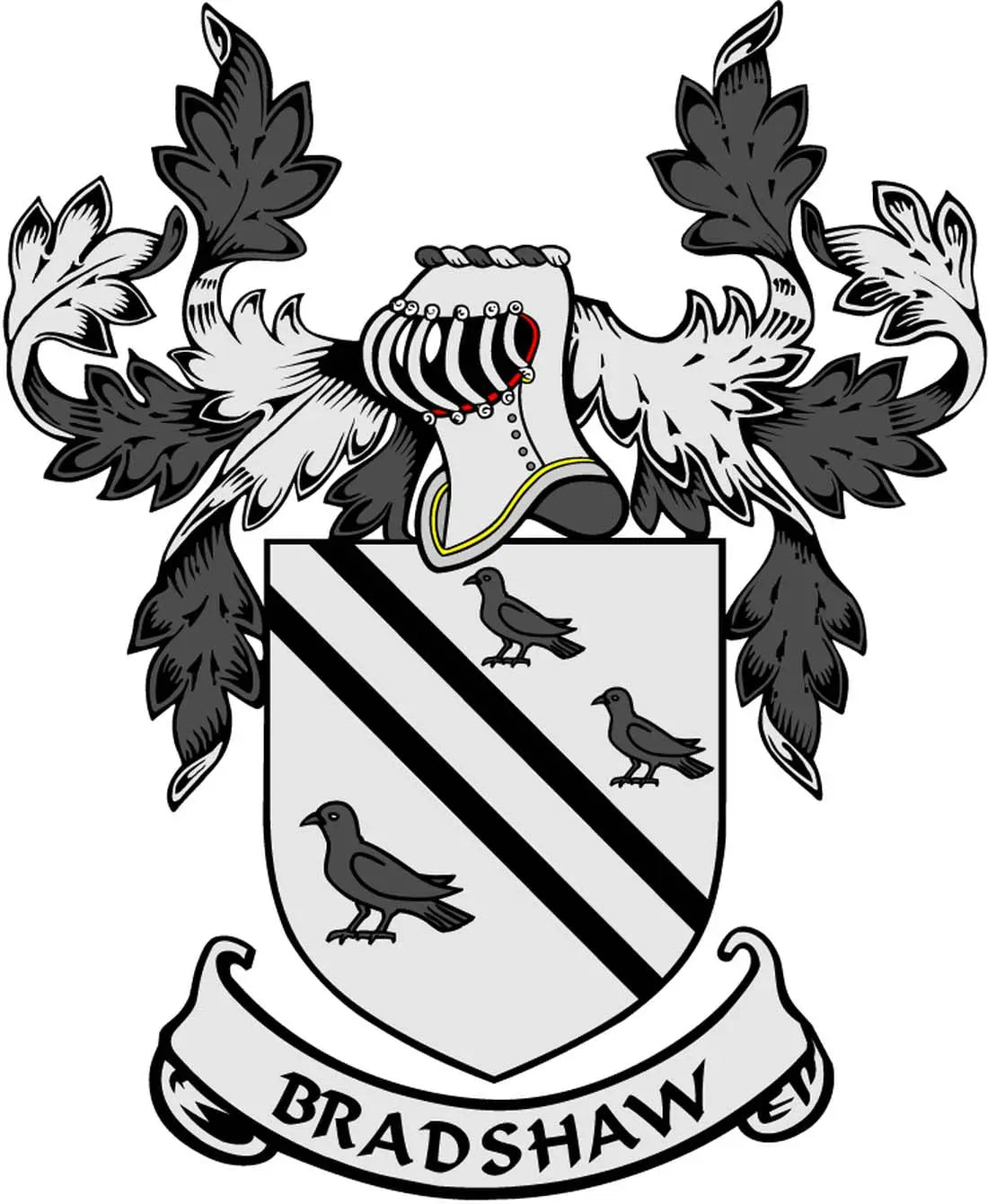 Bradshaw coat of arms magnet with shield, birds, diagonal stripes, and banner text