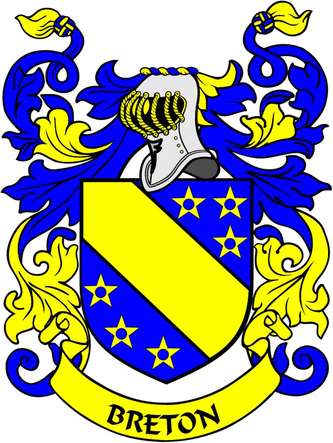 Family crest arms magnet with blue and yellow shield and "BRETON" banner