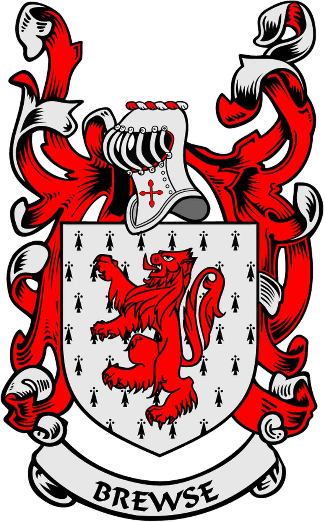 Family crest magnet featuring red and black lion coat of arms with “BREWSE” banner