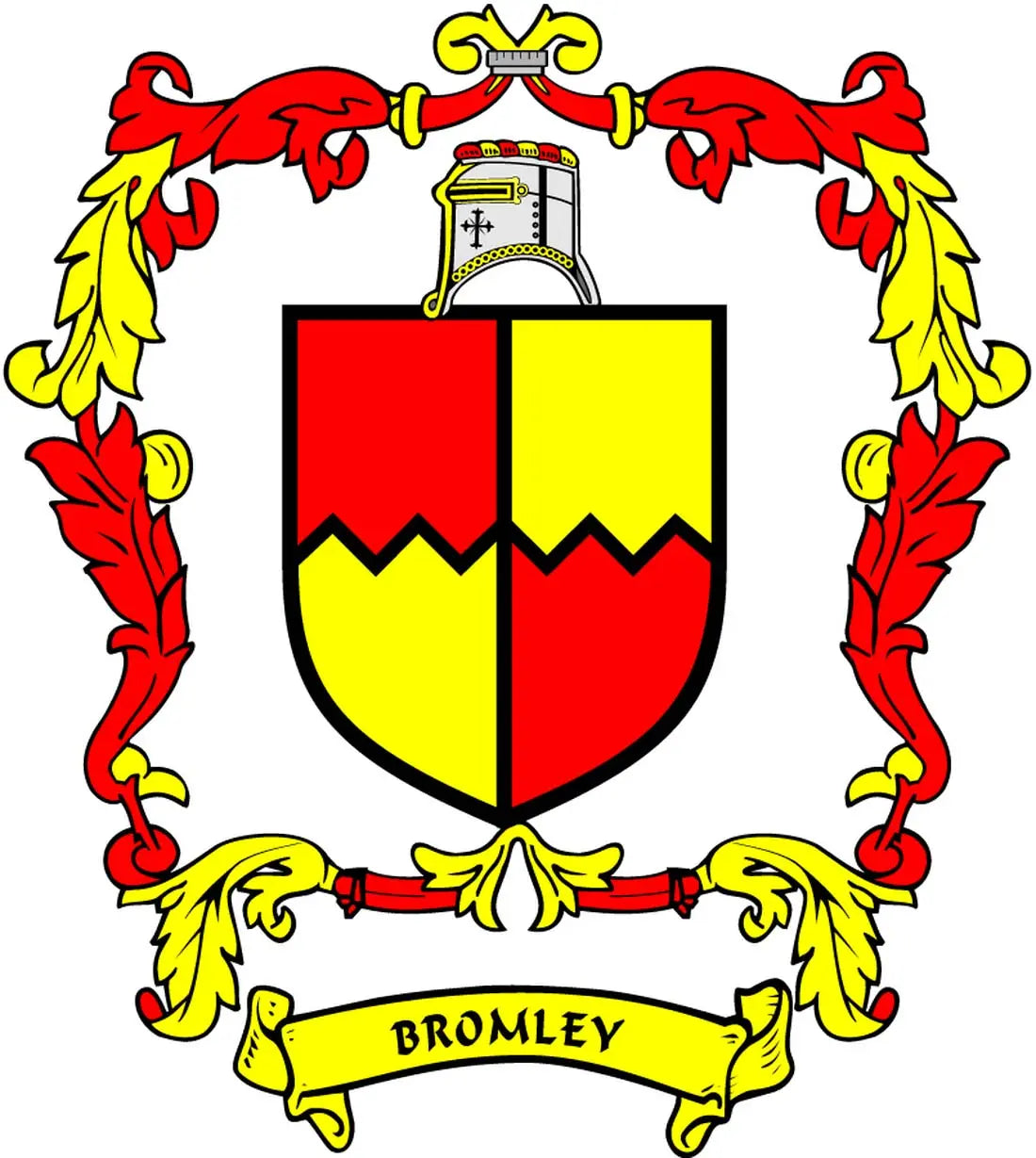 Family crest arms magnet with split red and yellow shield and banner reading “Bromley”