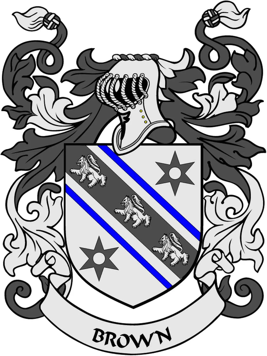 Family crest arms magnet featuring a black, blue, and gray shield with star and lion