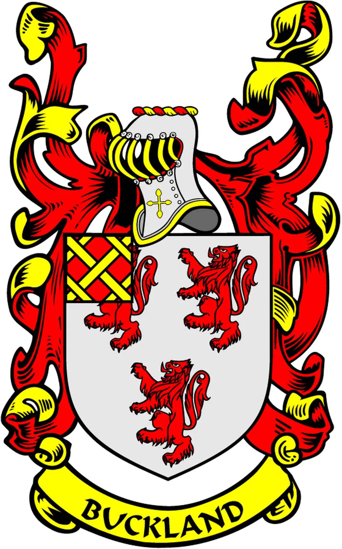 Family crest coat of arms magnet with Buckland banner, 3-inch shield and red lions