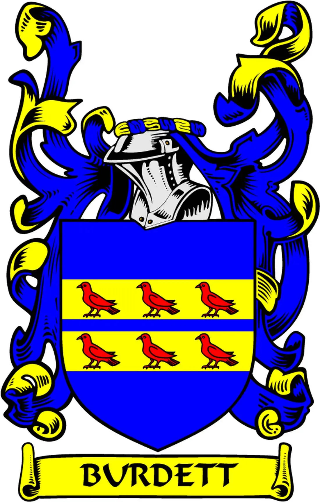 Burdett family crest coat arms magnet with blue shield, red birds, and BURDETT text