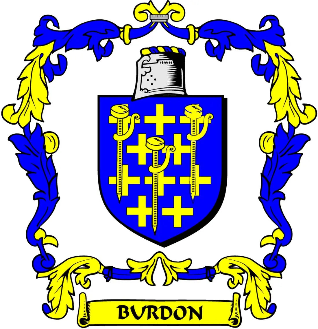 Burdon coat of arms magnet: blue shield with gold crosses and BURDON banner