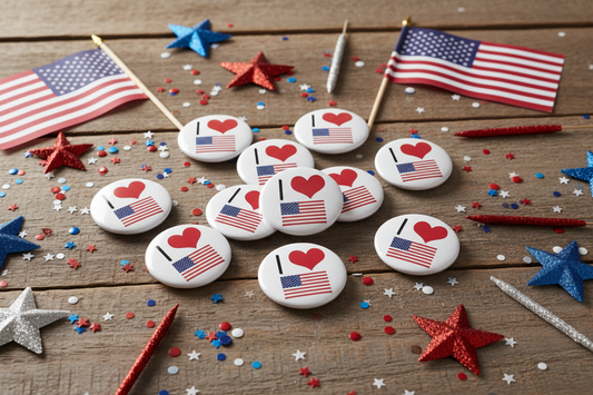 Set of circular American flag heart pinback buttons, red hearts and small flag print