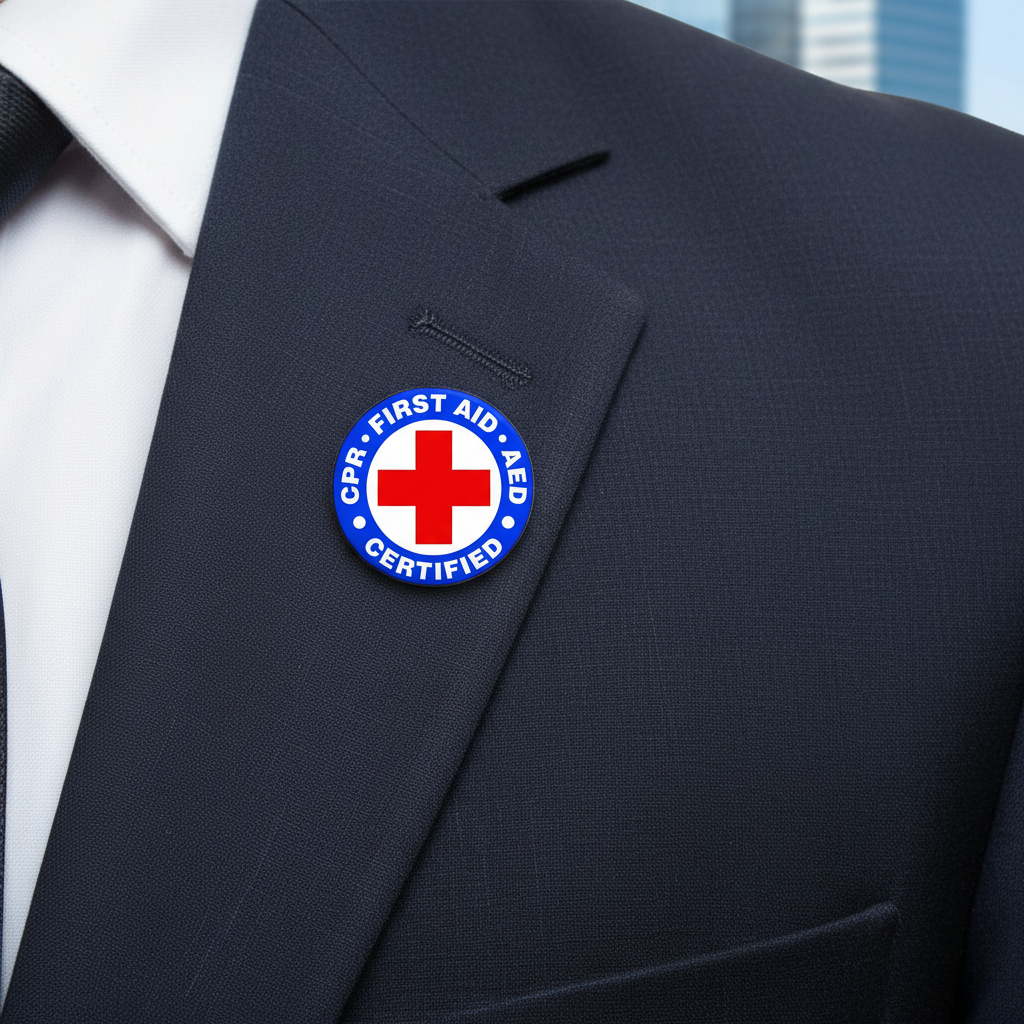 First Aid AED Certified lapel pin on a dark navy blazer lapel