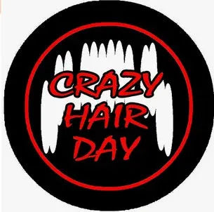 Round black pinback button with red border, CRAZY HAIR DAY text and white hair graphics