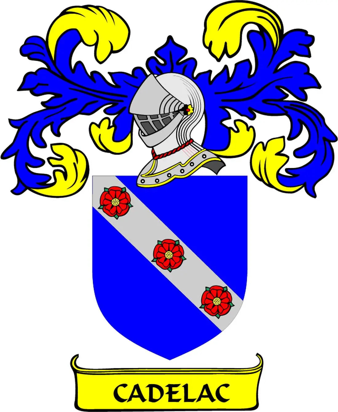 Family crest coat arms magnet with blue shield, red roses, helmet, and CADELAC banner
