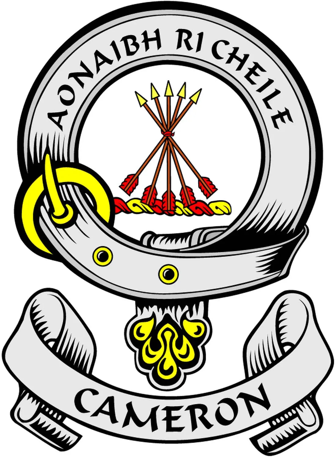 3-inch round Cameron family crest coat-of-arms magnet with bagpipes and ribbon